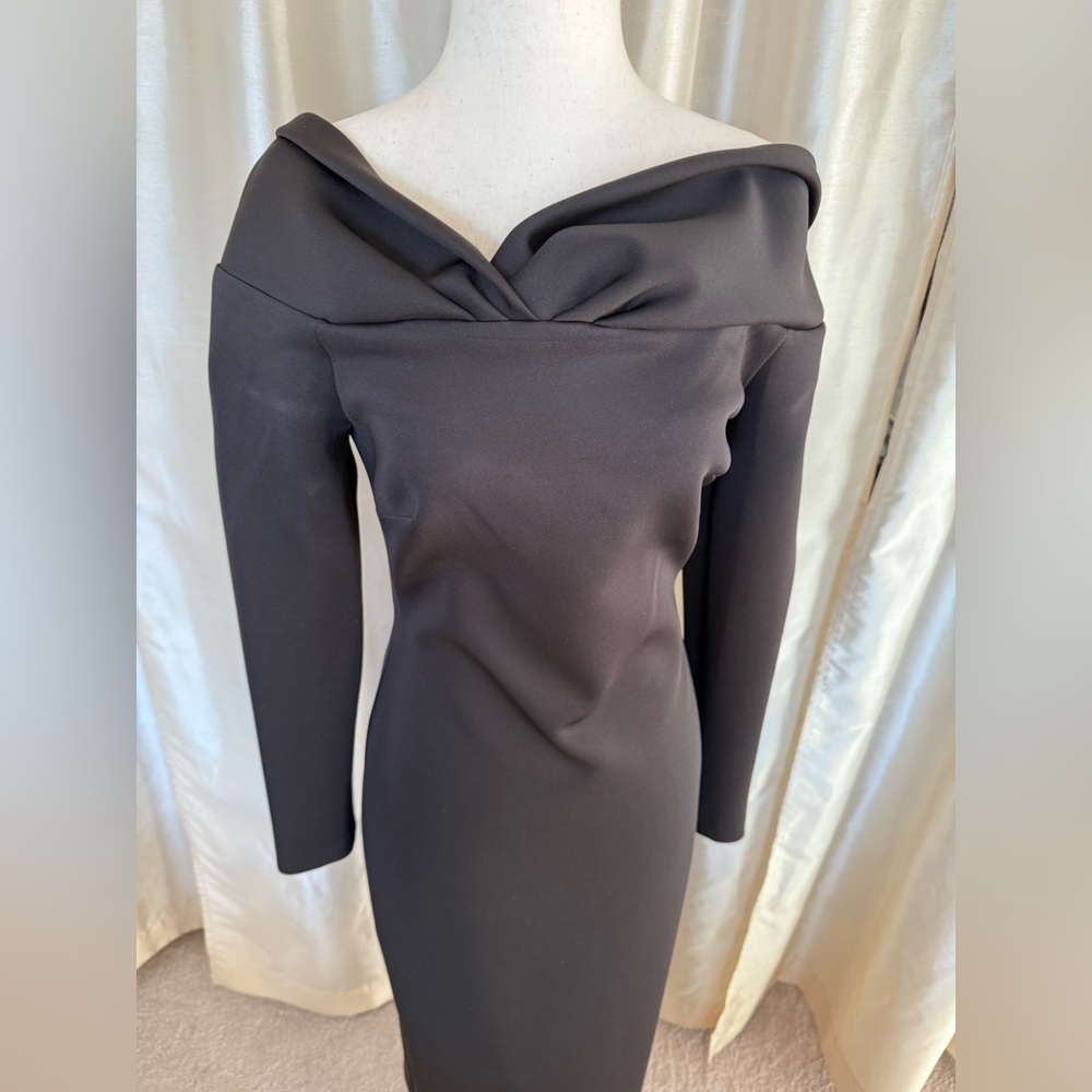 Donna Karan Black Folded Neck Off The Shoulder Long Sleeve Midi Dress Size 4 - Picture 3 of 11